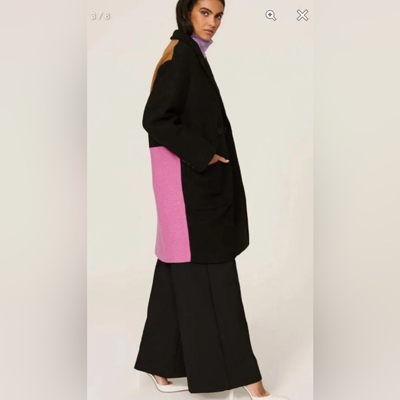 PETER SOM Coat size2 Colorblock Wool-Blend Midi Button Lined Black Pink Tan l-xl - Picture 3 of 13